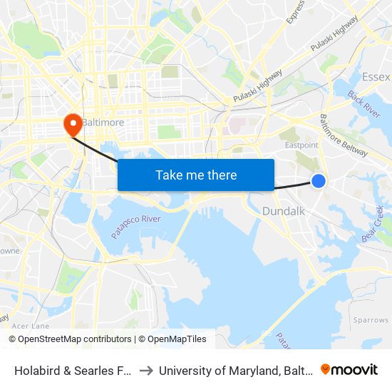 Holabird & Searles FS Wb to University of Maryland, Baltimore map