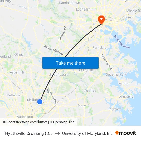 Hyattsville Crossing (Drop-Off) to University of Maryland, Baltimore map