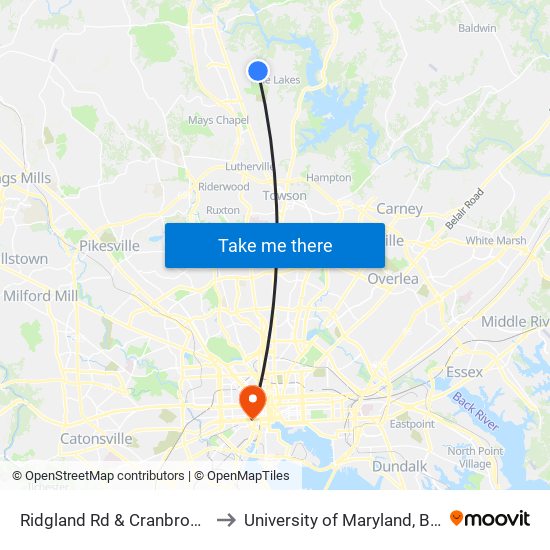 Ridgland Rd & Cranbrook Rd Sb to University of Maryland, Baltimore map