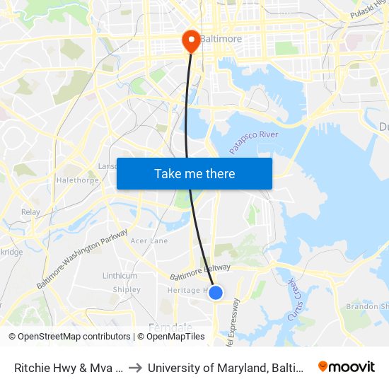 Ritchie Hwy & Mva Nb to University of Maryland, Baltimore map