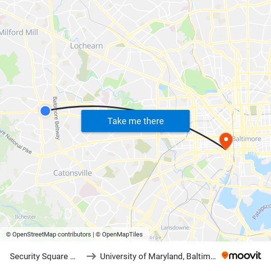 Security Square Mall to University of Maryland, Baltimore map