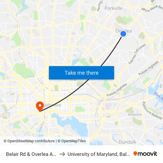 Belair Rd & Overlea Ave Nb to University of Maryland, Baltimore map