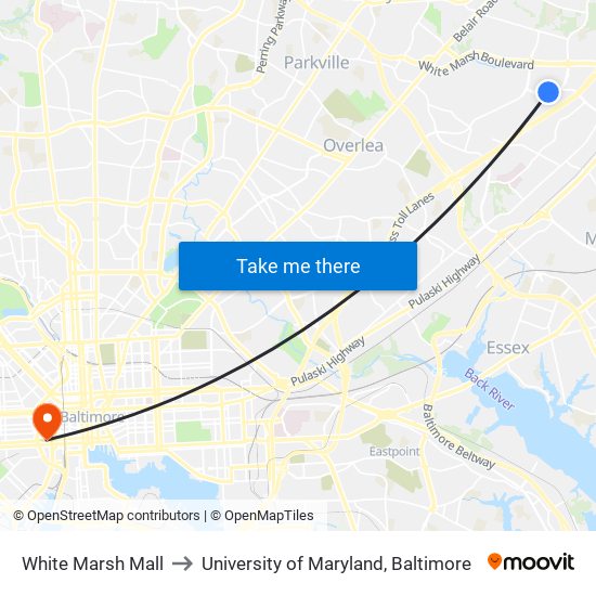 White Marsh Mall to University of Maryland, Baltimore map