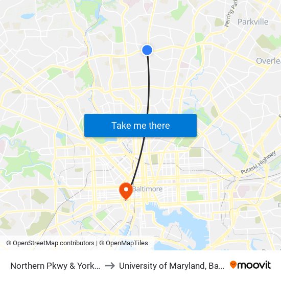 Northern Pkwy & York Rd Eb to University of Maryland, Baltimore map