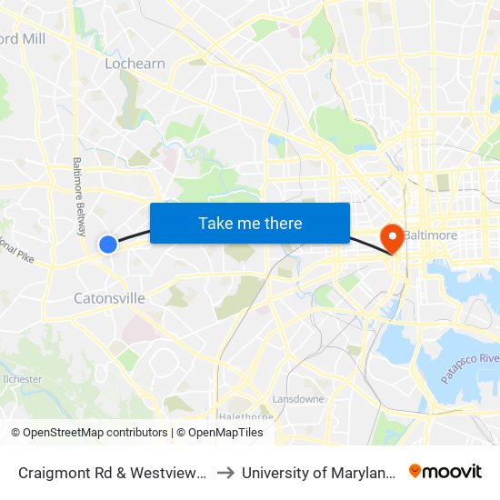 Craigmont Rd & Westview Mall Opp Wb to University of Maryland, Baltimore map