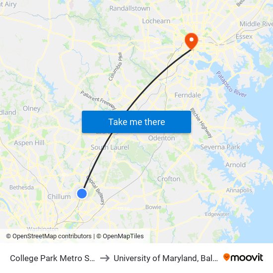 College Park Metro Station to University of Maryland, Baltimore map