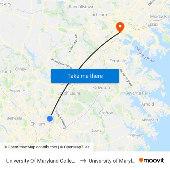 University Of Maryland College Park (Stadium Dr.) to University of Maryland, Baltimore map