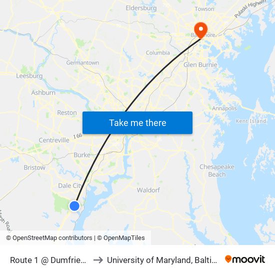 Route 1 @ Dumfries Rd to University of Maryland, Baltimore map