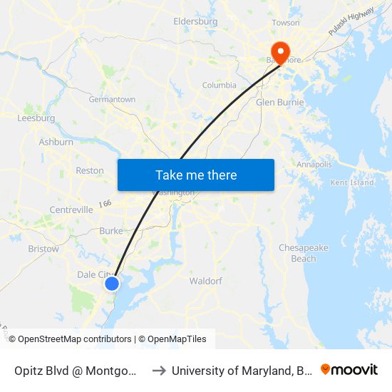 Opitz Blvd @ Montgomery Ave to University of Maryland, Baltimore map