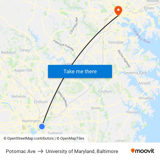 Potomac Ave to University of Maryland, Baltimore map