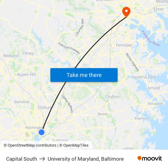 Capital South to University of Maryland, Baltimore map