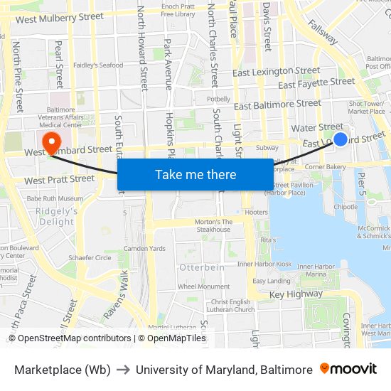 Marketplace (Wb) to University of Maryland, Baltimore map