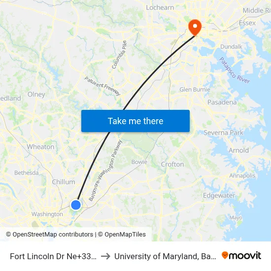 Fort Lincoln Dr Ne+33 Pl NE to University of Maryland, Baltimore map