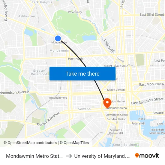 Mondawmin Metro Station Bay 9 to University of Maryland, Baltimore map