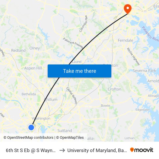 6th St S Eb @ S Wayne St FS to University of Maryland, Baltimore map