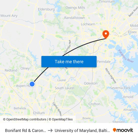 Bonifant Rd & Carona Dr to University of Maryland, Baltimore map