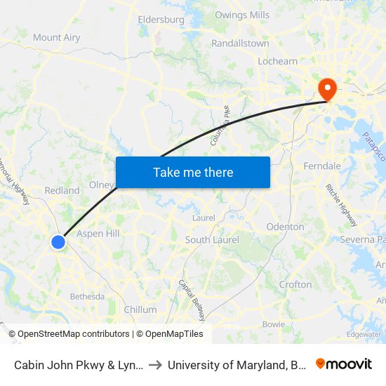 Cabin John Pkwy & Lynfield Dr to University of Maryland, Baltimore map