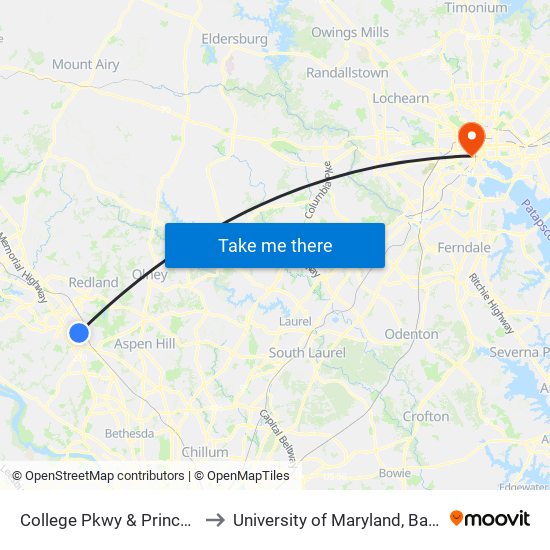 College Pkwy & Princeton Pl to University of Maryland, Baltimore map