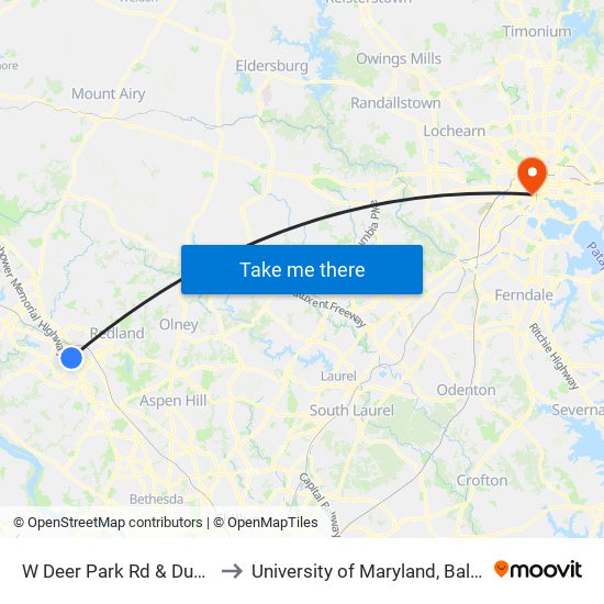 W Deer Park Rd & Duvall Ln to University of Maryland, Baltimore map