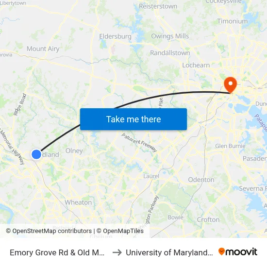 Emory Grove Rd & Old Macdonald Rd to University of Maryland, Baltimore map