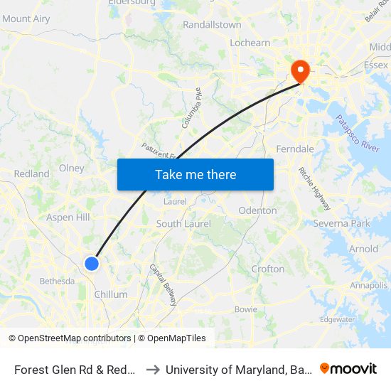 Forest Glen Rd & Reddick Dr to University of Maryland, Baltimore map