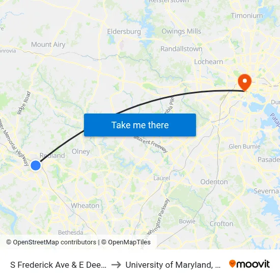 S Frederick Ave & E Deer Park Dr to University of Maryland, Baltimore map