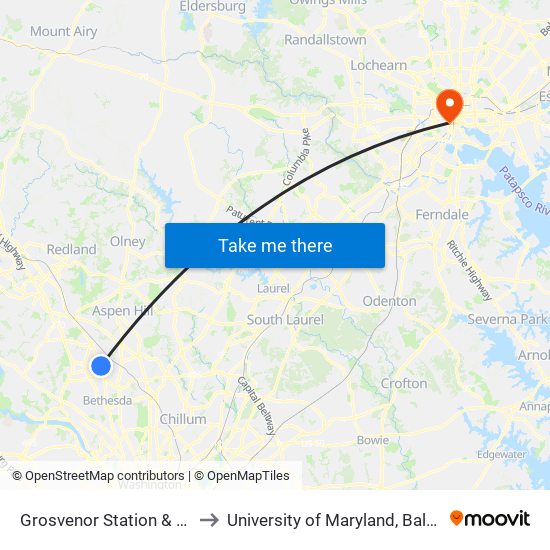 Grosvenor Station & Bay G to University of Maryland, Baltimore map