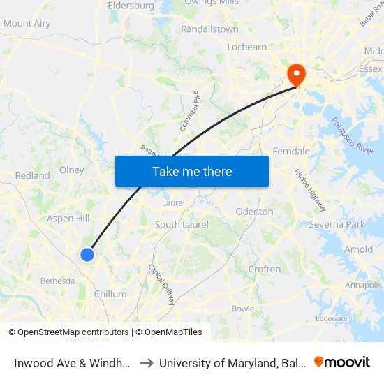 Inwood Ave & Windham Ln to University of Maryland, Baltimore map