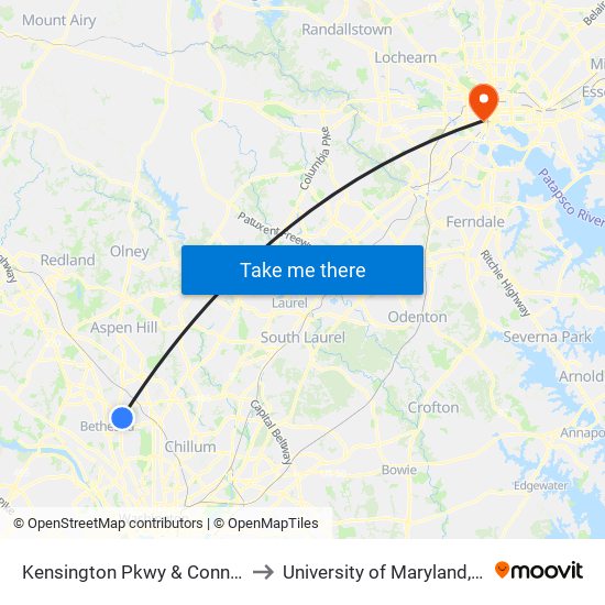 Kensington Pkwy & Connecticut Ave to University of Maryland, Baltimore map