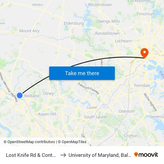 Lost Knife Rd & Contour Rd to University of Maryland, Baltimore map