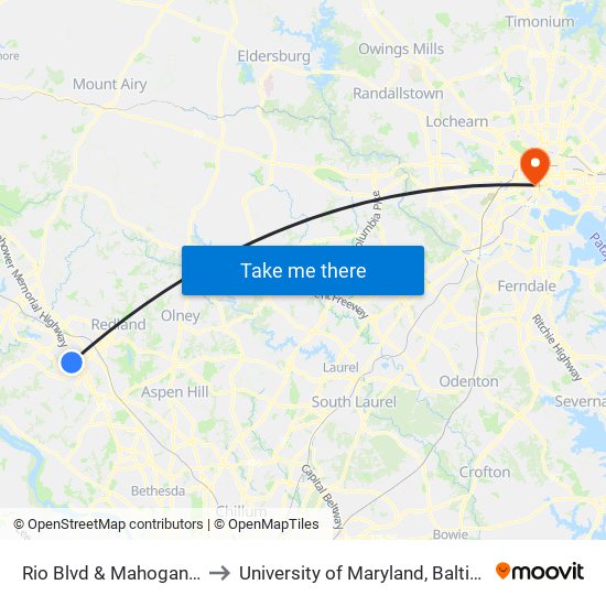 Rio Blvd & Mahogany Dr to University of Maryland, Baltimore map