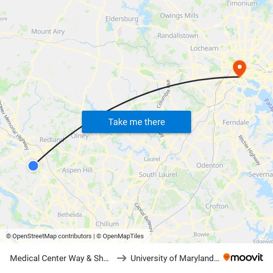 Medical Center Way & Shady Grove Rd to University of Maryland, Baltimore map