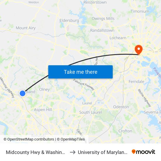 Midcounty Hwy & Washington Grove Ln to University of Maryland, Baltimore map