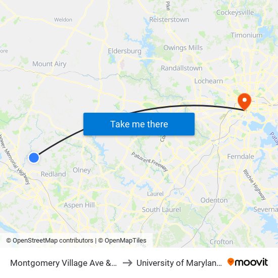 Montgomery Village Ave & Arrowhead Rd to University of Maryland, Baltimore map