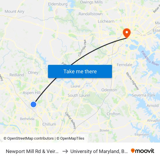 Newport Mill Rd & Veirs Mill Rd to University of Maryland, Baltimore map