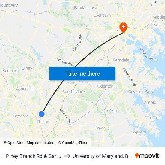 Piney Branch Rd & Garland Ave to University of Maryland, Baltimore map