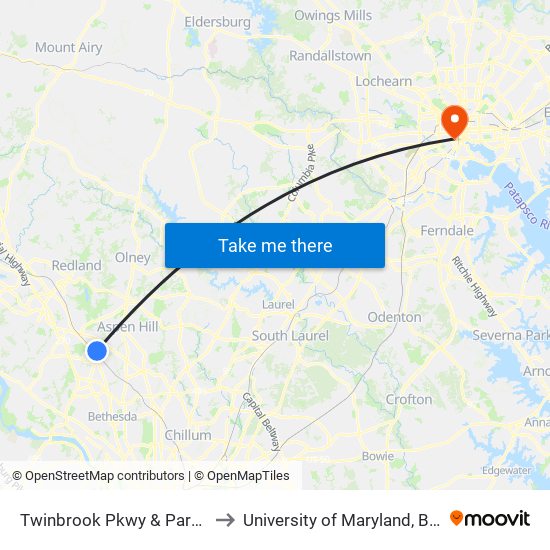 Twinbrook Pkwy & Parklawn Dr to University of Maryland, Baltimore map