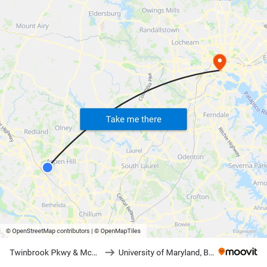 Twinbrook Pkwy & Mcauliffe Dr to University of Maryland, Baltimore map