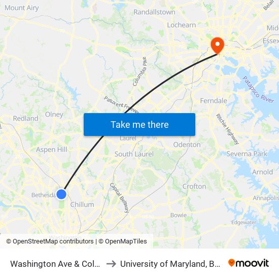 Washington Ave & Colston Dr to University of Maryland, Baltimore map