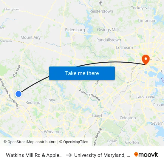 Watkins Mill Rd & Apple Ridge Rd to University of Maryland, Baltimore map