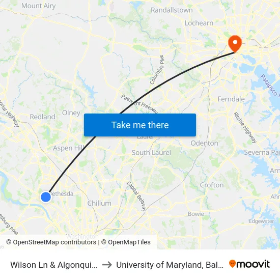 Wilson Ln & Algonquin Ave to University of Maryland, Baltimore map
