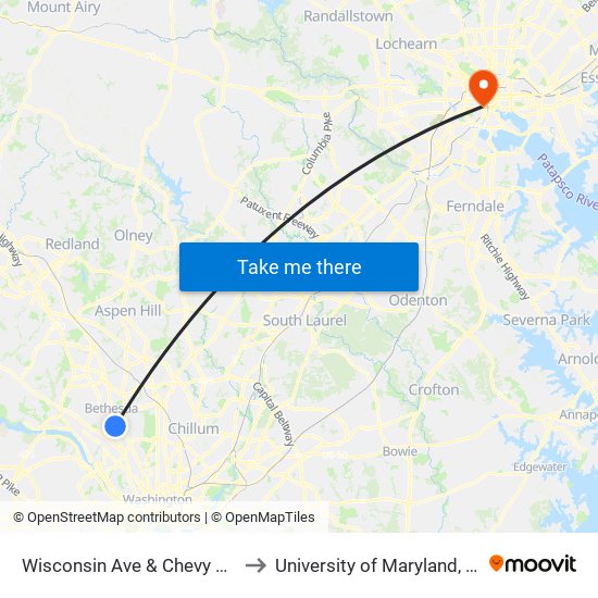 Wisconsin Ave & Chevy Chase Blvd to University of Maryland, Baltimore map