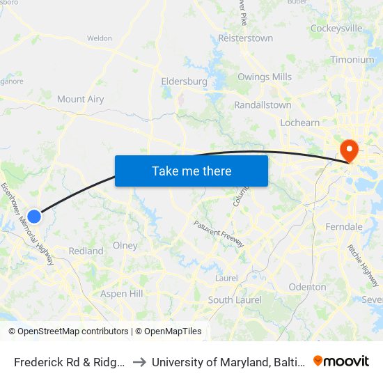 Frederick Rd & Ridge Rd to University of Maryland, Baltimore map