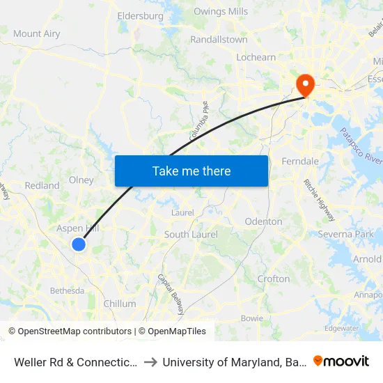 Weller Rd & Connecticut Ave to University of Maryland, Baltimore map