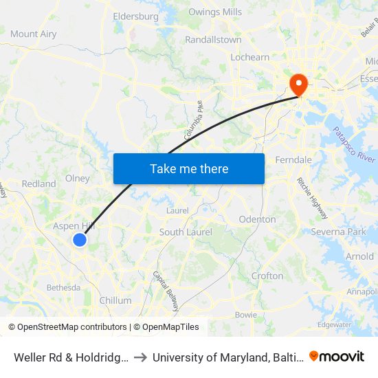 Weller Rd & Holdridge Rd to University of Maryland, Baltimore map