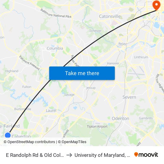 E Randolph Rd & Old Columbia Pk to University of Maryland, Baltimore map
