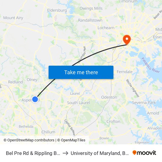 Bel Pre Rd & Rippling Brook Dr to University of Maryland, Baltimore map