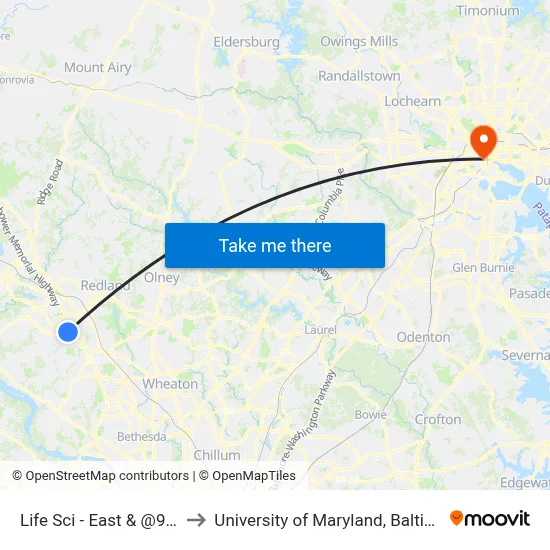Life Sci - East & @9630 to University of Maryland, Baltimore map
