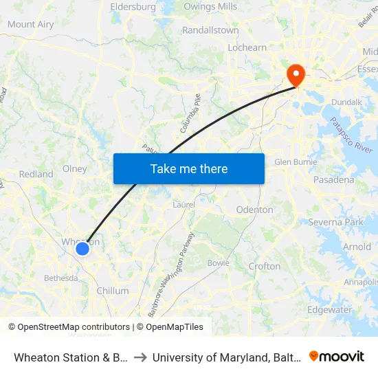 Wheaton Station & Bay H to University of Maryland, Baltimore map