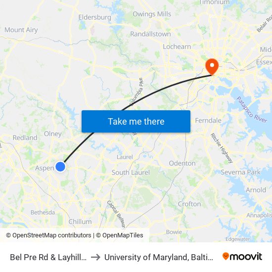 Bel Pre Rd & Layhill Rd to University of Maryland, Baltimore map